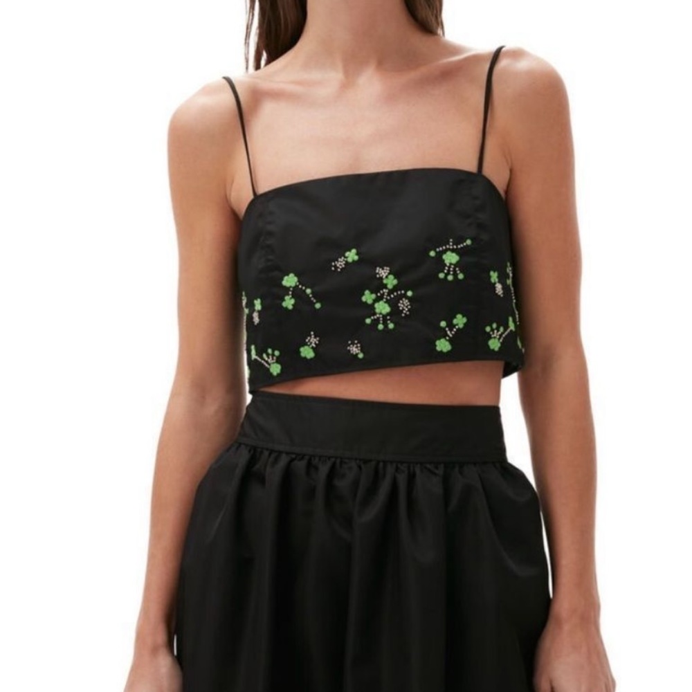 Ganni Black Floral Embroidered Crystal‎ Embellished Square Neck Crop Top- NWT